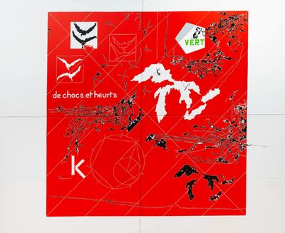 a red poster with a picture of a map on it