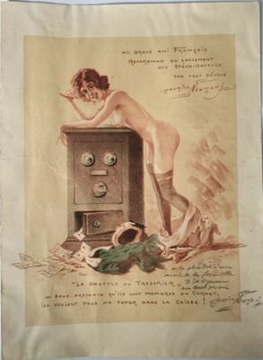 un dessin représentant une femme debout sur une vieille radio