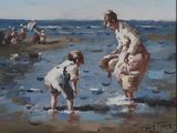 a painting of a woman and a child playing in the water
