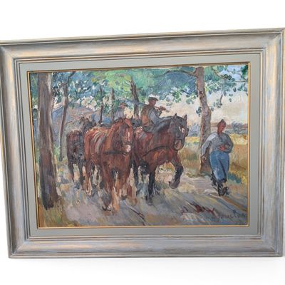 a painting of a man leading a group of horses down the road