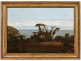 une peinture à l'huile représentant un paysage avec des arbres et un plan d'eau