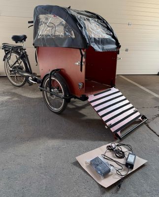 a bike with a cart attached to it in a parking lot