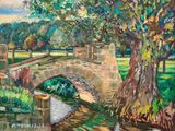 a painting of a bridge over a river in a park