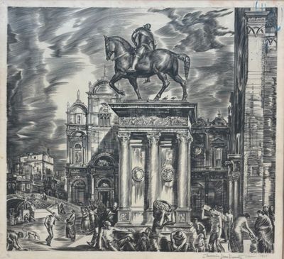 dessin représentant une statue d'un homme à cheval devant un bâtiment