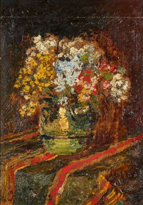 peinture représentant un vase de fleurs posé sur une table recouverte d'une nappe rouge