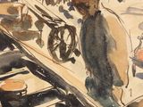 a watercolor painting of a man standing in a boat