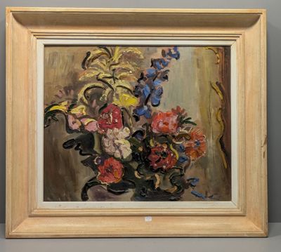 an oil painting of flowers in a vase on a table