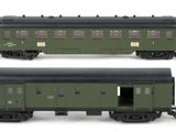 four different views of a green train car on a white background