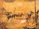 un tableau représentant un homme à cheval dans le désert