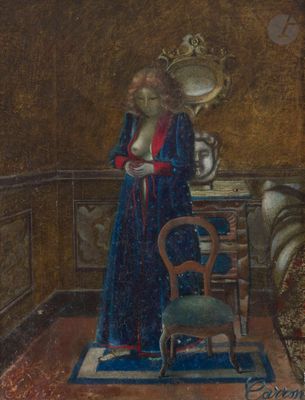 une image représentant un tableau où l'on voit une femme en robe bleue debout dans une pièce