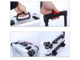 a collage of pictures of a person pulling a piece of luggage