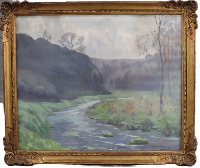 an oil painting of a stream running through a lush green field