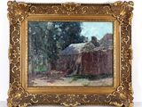 une peinture à l'huile représentant une scène de ferme avec une grange en arrière-plan