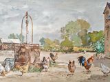 un tableau représentant des poules et des coqs dans un décor champêtre