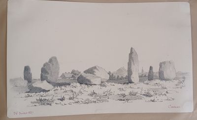 pencil drawing of a landscape with rocks and grass in the foreground