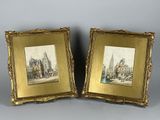 two framed paintings of a city scene with a church and other buildings