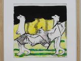 une image représentant un dessin d'un homme et d'un chien dans un champ