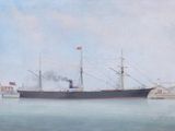 tableau représentant un bateau sur un plan d'eau, avec un bâtiment en arrière-plan