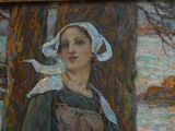 a painting of a woman standing in front of a tree