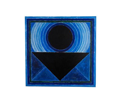 a painting of a blue and black square with a black circle in the middle
