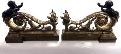 Devant de cheminée bronze doré et patiné aux amorins et feui…