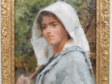 painting of a woman in a white veil holding a stick