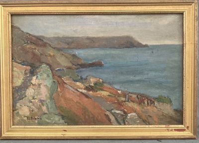 une image représentant une peinture d'une côte rocheuse avec un bateau dans l'eau
