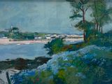 an oil painting of a view of a river with trees and bushes