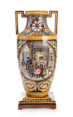 a large vase with a painting on it on a stand