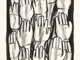 dessin en noir et blanc représentant un groupe de mains levant les doigts