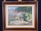 une peinture à l'huile représentant un pont sur une rivière avec un bâtiment à l'arrière-plan