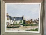une peinture à l'huile représentant une scène de village avec une maison blanche