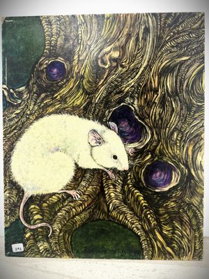 an illustration of a white rat sitting on top of a tree