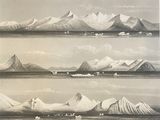 four different views of a mountain range with icebergs in the foreground