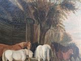 painting of a group of horses in a stable by a tree