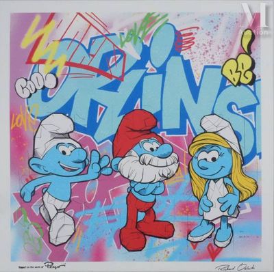 the smurfs are standing in front of a graffiti covered wall
