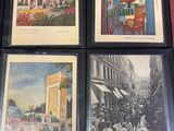 four framed pictures of people walking down a street in front of a building
