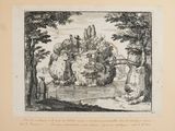 drawing of a landscape with a castle in the middle of a river