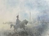 un tableau représentant un homme à cheval dans l'eau