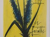 peinture représentant des fleurs bleues dans un pot sur fond jaune