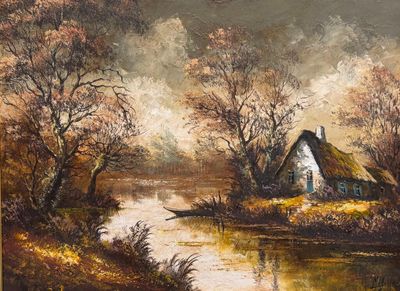 tableau représentant un chalet au bord d'une rivière, avec un toit de chaume
