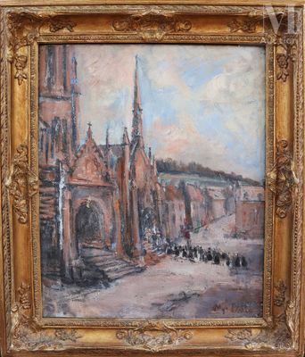 une peinture à l'huile représentant une scène de rue avec une église à l'arrière-plan
