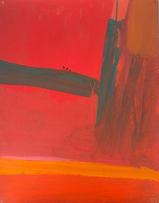 an image of a painting with a red background and a yellow line