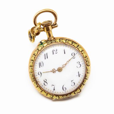 a close up of a pocket watch on a white surface