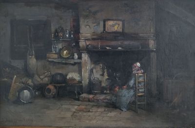 a painting of a woman sitting in front of a fire place