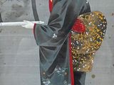 tableau représentant une femme vêtue d'un kimono tenant un parapluie