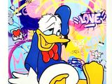 tableau représentant un canard de dessin animé assis devant un mur recouvert de graffitis