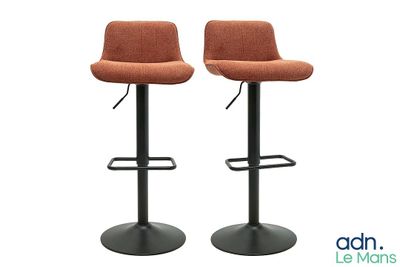 pair of orange upholstered bar stools with metal base