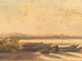 a painting of two boats on the shore of a lake