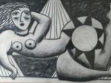 drawing of a woman laying on her stomach with a sun in the background